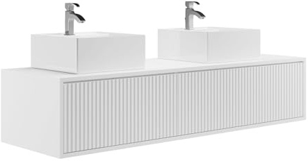 Vente-unique-Mueble de baño Flotante Rayado con Doble Lavabo - Blanco - 150 cm - ARNEGA