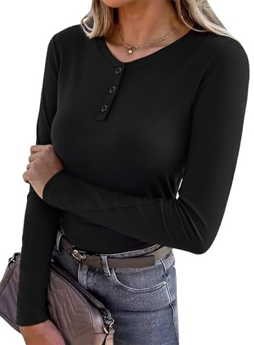 Maglietta Donna Manica Lunga Henley con Scollo a V Top Casual Aderente Blusa Basic Comoda ed Elegante per Autunno e Inverno