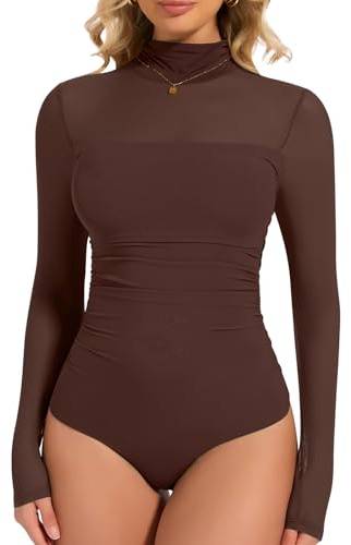 Joyshaper Women Bodysuit Turtleneck Long Sleeve Mesh Leotard Tops Sexy Elegant Mock Turtle Neck Body Suit Shirts Brown,S