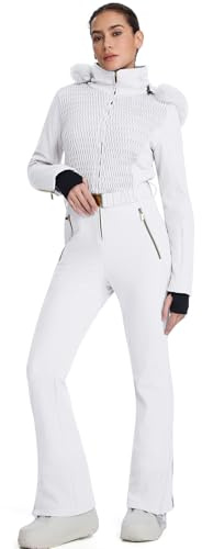 HOTIAN Traje de esquí de una pieza para mujer, impermeable, resistente al viento, traje de nieve para mujer, traje de invierno, cálido, snowboard, con capucha, Blanco, M