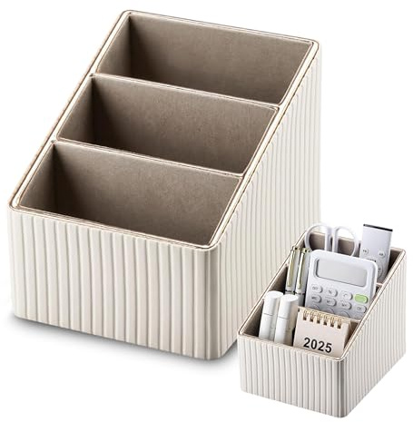 LUPATDY Schreibtisch Organizer, Fernbedienung Halterung, PU-Leder Multifunktionaler Stiftehalter Schreibtisch, Schreibtischorganizer Mit 3 Fächern, Organizer für Büro, Zuhause, Schule, Weiß