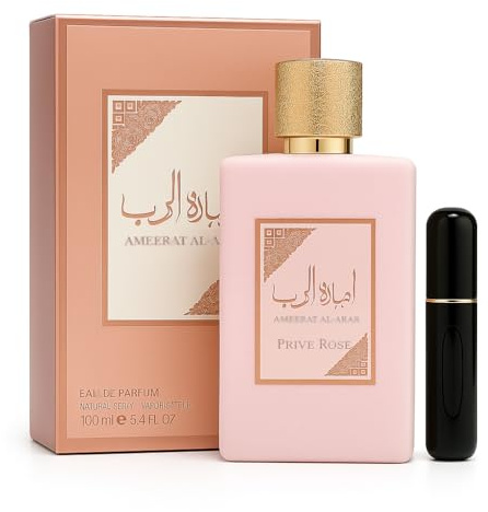 Perfume Ameerat Al Arab Prive Rose 100 ml – Eau de Parfum Árabe Original Mujer · Fragancia Oriental Floral y Afrutada · Larga Duración · Incluye Atomizador de Viaje de Regalo
