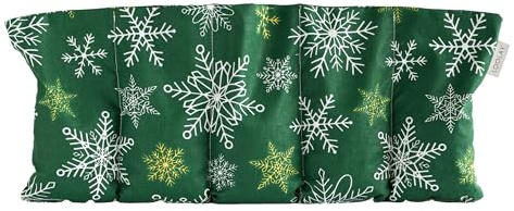 LOOLAY Cojín de huesos de cereza para microondas, 50 x 20 cm, algodón orgánico, con 5 compartimentos, ideal para la tensión muscular y los dolores menstruales (copos de nieve verde)