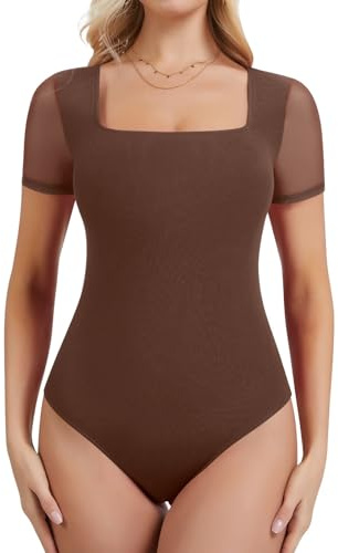 SHAPERIN Women Bodysuit Top Short Sleeve Square Neck Tops Elegant Mesh Bodysuits Slim Fit Summer T-shirt
