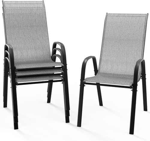 Bonnlo Stapelbare Gartenstühle 4er Set, Outdoor-Essstühle, Wetterfeste Stapelstühle mit Atmungsaktivem Textilene, Robustes Metallgestell, für Balkon, Terrasse & Garten, bis 180 kg, Grau
