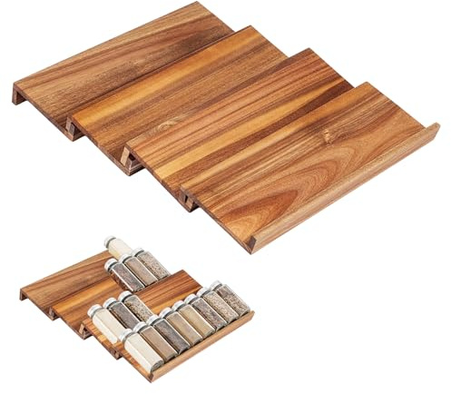 EVERGOODS Acacia Wood Spice Drawer Organizer for Cabinet – 13” Wooden Spice Rack Insert, Non-Expandable Seasoning Organizer for Kitchen Drawer, Holds Up to 32 Spice Jars, Set of 4 (Walnut)