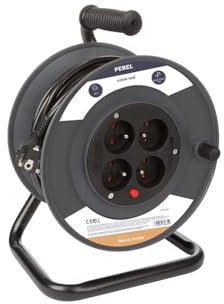 Perel Avvolgicavo uso interno, 4 prese con messa a terra francese, protezione termica, lunghezza cavo 25 m, 3G1,5, grigio