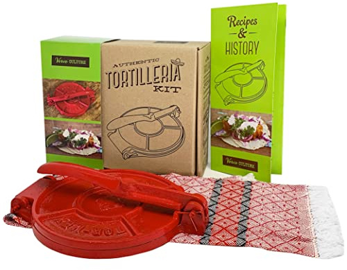 Cast Iron Tortilla Press by Verve CULTURE, Street Taco Press and Quesadilla Maker, Aplastador de Tortillas, Tortilleria Kit with Handmade Servilleta Napkin and Recipe Booklet, 6.5”