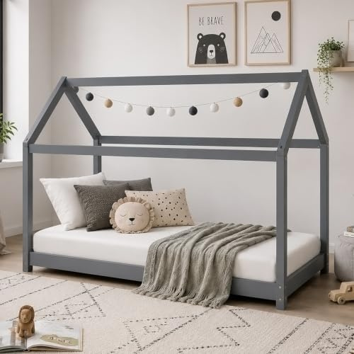 Homestyle4u Hausbett 90x200 Grau Kinderbett Bodenbett Kiefer | Montessori Bett aus Massivholz skandinavisches Hausdesign inkl. Lattenrost für Jungen & Mädchen