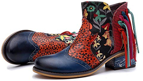 CrazycatZ Womens Ankle Leather Boots Hand Painted Color Splicing Pattern Boots Exotic Bohemian Leather Boots