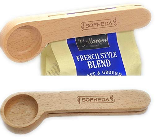 2 in 1 Coffee Scoop|Wood Coffee Spoon With Bag Clip,Sealer|Bags Tighter For Fresh Coffee,Tea,Sugar and More|Gift|Natural Eco Friendly Mini Measuring Scoop for Ground Coffee Beans Espresso