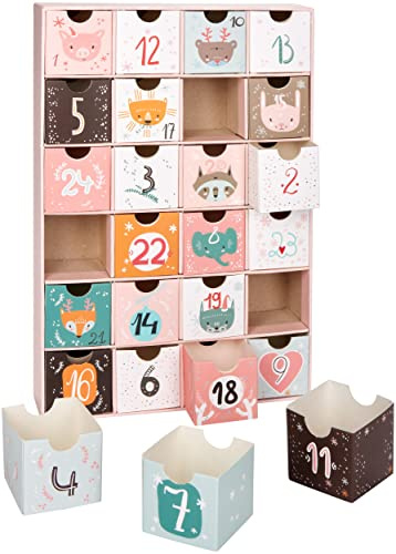 BRUBAKER - Calendrier de l'Avent réutilisable - 24 Tiroirs à remplir - Calendrier de Noël en Carton - Hauteur 32,5 cm - Rose/Animaux mignons
