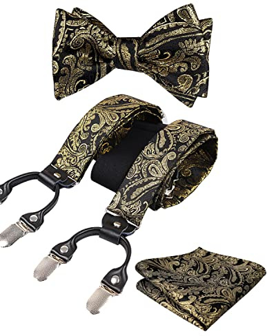Alizeal Herren verstellbare Blumen Paisley selbst gebundene Fliege, Einstecktuch und elastische Y-Form 6 Clips Hosenträger Set