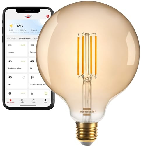 Brennenstuhl Connect WiFi Filament LED Lampe Globe (Vintage Glühbirne kompatibel mit Amazon Alexa und Google Assistant, E27, 470lm, 4,9W, warmweiß 2200K, stufenlos dimmbar, Retro, kostenfreie App)