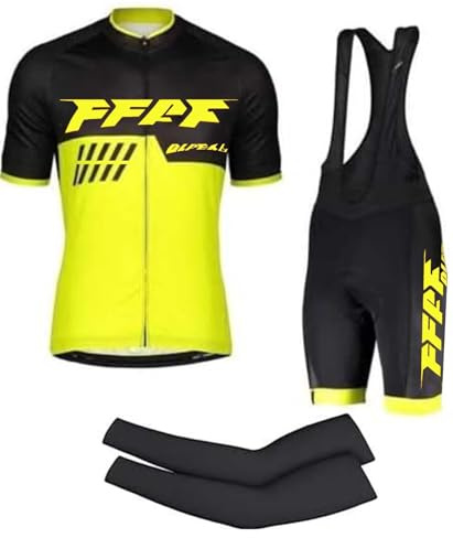FFFF & OLFEH Vêtements Cyclisme Pro Homme Tenue Cycliste Manche Courte, Été Jerseys VTT et Cuissard à Bretelle avec 9D Coussin Gel, Cycling Route Respirant Séchage Rapide (Jaune A,XXL)