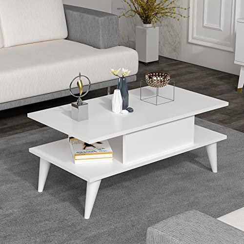 [en.casa] Table Basse Design Rectangulaire pour Salon avec Surface de Rangement Panneau de Particules Mélaminé Plastique 40 x 90 x 45 cm Blanc
