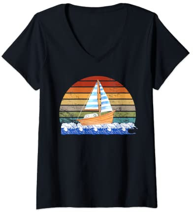 Damen Sea Captain Segelboot Lustiges Schlauchboot Segeln Sonnenuntergang Damen T-Shirt mit V-Ausschnitt