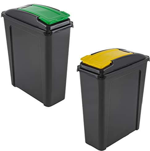 JMS we create smile (Set of 2) 25 Litre Plastic Indoor Slimline Bin Waste Storage Bin Plastic Bin Recycle Rubbish Dustbin with Colour Flap Lid For Home Kitchen Bathroom - Made in UK (Green + Yellow)