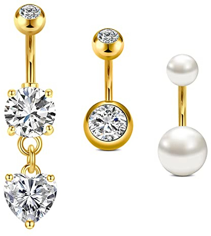 Crdifu 3stk Gold Bauchnabelpiercing 8mm Bauchpiercing Chirurgenstahl Piercing Bauchnabelpiercing Herz Anhänger