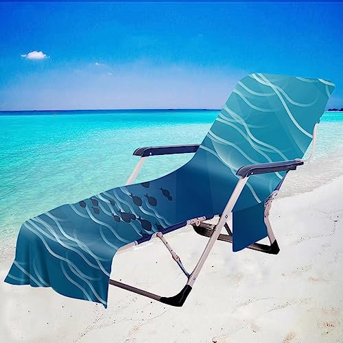 Morbuy Liegestuhl Handtuch mit Taschen, Fischdruck Strandtuch für Liegen Strandliegen Handtücher für Strandliegen Mikrofaser Leicht Strandtuch, Kapuze für Besseren Halt (75x210cm,die Wellen)
