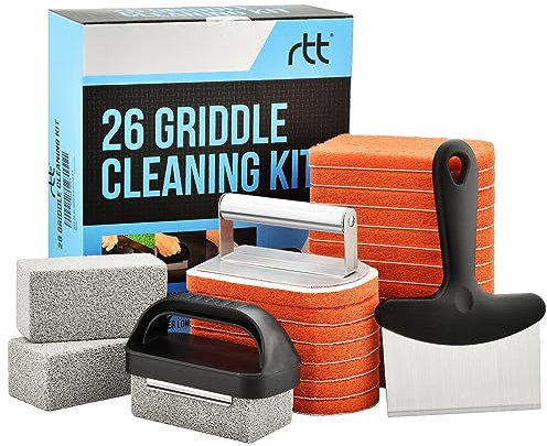 RTT Grill-Reinigungsset für Blackstone 26-teilig, Robustes Grillreiniger-Set mit Grillstein, Grillschaber, Grillbürste mit Edelstahlgriff, einfach zu bedienendes Reinigungsset mit Flacher Oberseite