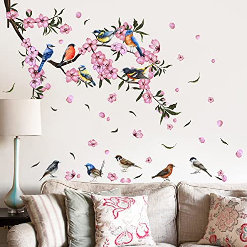 Timelesslong Flowers Wall Stickers for Living Room Bedroom, Vinyl Birds Wall Decals Removable Wall Murals Peel and Stick Floral Wall Decor Art Wallpaper for Adult Nursery Office Playroom