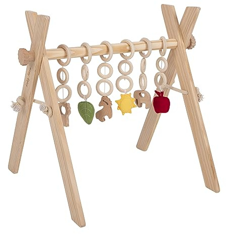 KiddyMoon Wooden Play Gym for Kids and Infants Play Arch with Hanging Toys Activity Set Montessori Play Toy for Toddler Exercise Baby Gym, Natural