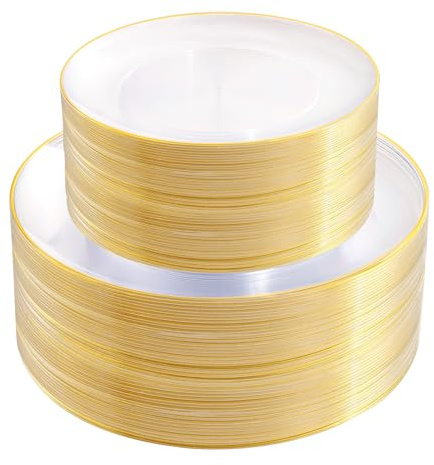 PULOTE 100PCS Clear and Gold Plastic Plates - Heavy Duty Clear Disposable Plastic Plates With Gold Trim for Wedding&Party Include 50 Dinner Plates, 50 Dessert Plates