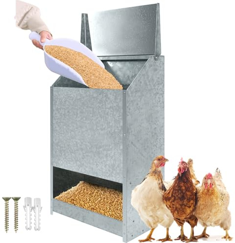 NAIZY Futterautomat Hühner 22KG Hühnerfutter Automat Futterspender Verzinkt Futtertrog Wandhalterung mit Deckel Geflügelfutterautomat für Geflügel Hühner Puten Gänse Enten