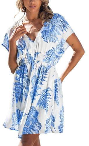 CUPSHE Dam bikini cover-up klänning V-ringad kort delman ärmar avslappnad sommar strandkläder klänning, Blåa löv, XL