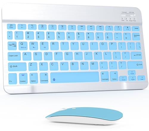 Set tastiera e mouse Bluetooth, layout QWERT, universale, ultra-sottile, wireless, per Android, Windows, iPad, iPhone, Samsung, tablet, set di tastiera compatta e portatile, colore azzurro