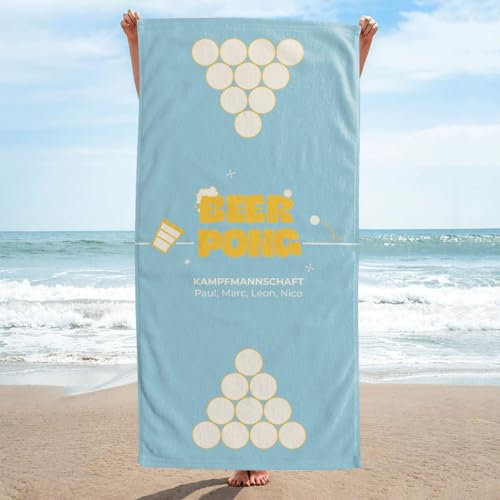 Firebox Personalisierbares Beer Pong Handtuch – Bier Pong Strandtuch 140x70 cm mit Teamnamen – Witziges Urlaubsspiel für Strand, Camping & Pool – Schnelltrocknend & Waschbar – Made in Austria