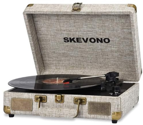 SKEVONO Vinyl Record Player Turntable with Built-in Bluetooth Receiver & 2 Stereo Speakers, 3 Speed 3 Size Portable Retro Record Player, Bluetooth Connectivity, Stereo RCA Output