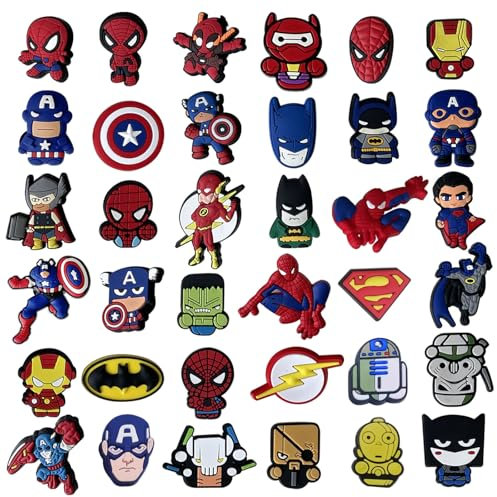 LAINIKE 36 ciondoli per scarpe da supereroe, Crocs, spilla per bambini, in PVC rimovibile, per bambini, per feste, favori, regalo di compleanno, NO, no, Nessuna pietra preziosa