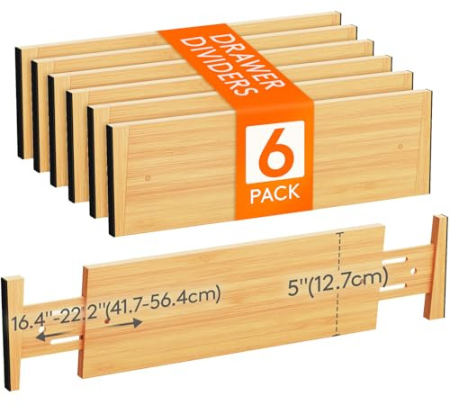 Lifewit 5 High 6 Pack Bamboo Drawer Dividers 45-55cm/17.5-22 Adjustable Wooden Drawer Organizer for Clothes/Utensils, Expandable Drawer Separator for Dresser/Kitchen/Bedroom/Office Organization
