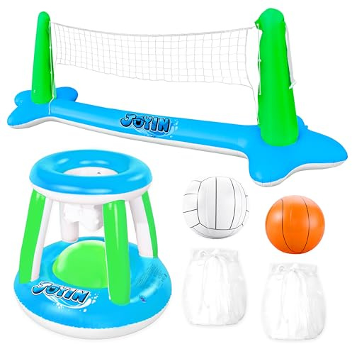 JOYIN Inflatable Volleyball Net & Basketball Hoops Pool Float Set; Balls Included for Kids and Adults, Summer Pool Game, Floaties, Volleyball Court (105”x28”x38”) Basketball (27.6”x23”),Green,Blue