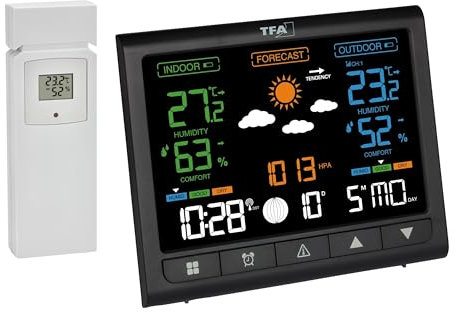 TFA Dostmann stazione meteo con sensore esterno con display VA Contrast, 35.1171, termometro e igrometro per interni/esterni, previsioni meteo, allarme temperatura, orologio, nero