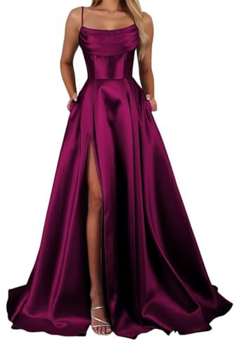YIANN Vestiti da ballo da donna con spalline sottili in raso con spacco e corsetto, abito da sera lungo formale, Fucsia, 42