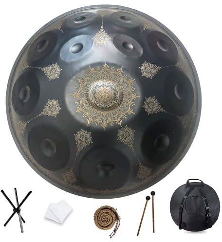 SQSXCKIQ Handpan 9/10/12 Noten 440 Hz D-Moll-Tonleiter Handpan-Trommel 22 Zoll Mandala-Trommel mit Set (Schwarz, 9 Noten)