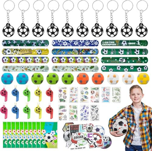 MINISOISO Artículos de Fiesta Fútbol de Cumpleaños Niños, 112PCS, Fiesta de Fútbol, Regalos con Bolsas de Regalo, Silbatos, Pegatina, Tatuaje, Llavero, Giratorio
