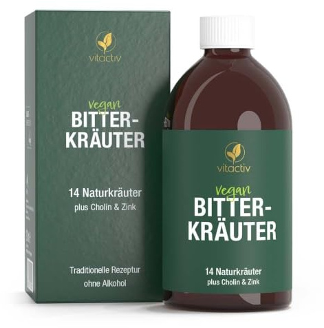 Vitactiv BITTERKRÄUTER - Bittertropfen ohne Alkohol, 200ml (117 Tage) - Erlesene Kräuter plus Cholin, Zink - Bitterstoffe Tropfen nach Hildegard von Bingen - Ohne Künstliche Zusätze, Zuckerfrei, Vegan | Vegan, Zuckerfrei, Ohne Zusätze. Cholin, Bitterorange, Artischocke. Zink: normale Immunfunktion
