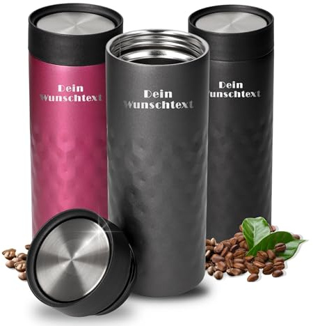 Personalisierter Thermobecher 450ml Edelstahl - auslaufsicherer Trinkbecher | 450 ml, 360-Grad Deckel, Edelstahl, auslaufsicher, Kaffee, Tee, Büro, gravierbar, Kaffee, Tee, heiß, kalt, Getränke
