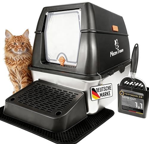 Edelstahl Katzenklo XXL - Große Geschlossene Katzentoilette mit Deckel, Premium Schaufel & Ergonomische Fußstufe, 3x Aktivkohlefilter, auslaufsicher, Stainless Steel Cat Litter Box, 60x40cm (Schwarz)