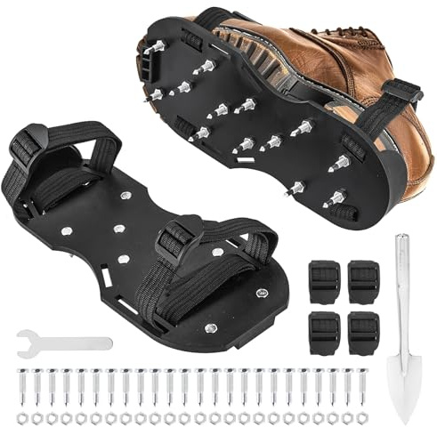 DASBET Epoxy Floor Spiked Shoes with Stainless Steel Shovel Gunite Spiked Shoes with 1.1''/28mm Sharp Short Spikes for Epoxy Floor Coating, Self-Leveling Floor Fits All Lawn Aerator Shoes (Black)