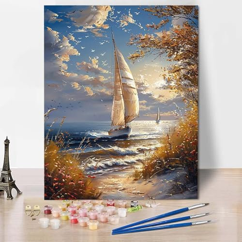 Paint by Numbers Ozean Malen Nach Zahlen Segelboot Malen Nach Zahlen Anfänger DIY Handgemalt Ölgemälde Leinwand Kits mit 3 Pinseln und Acrylfarbe für Wanddeko, Geschenk (40 x 60 cm) -CW250408A07