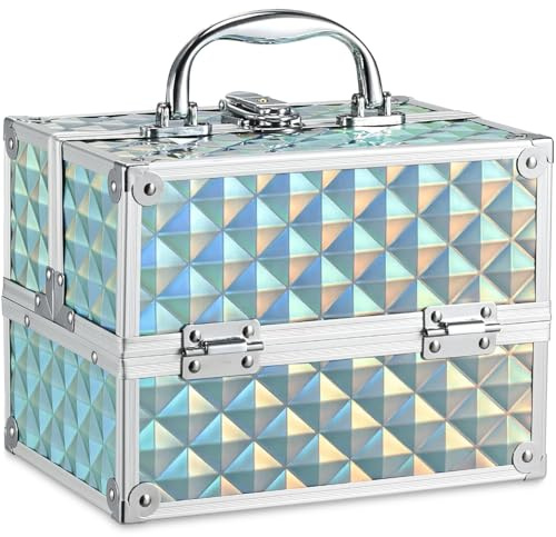 Frenessa Make-up-Koffer mit 4 Ablagen, abschließbar, Kosmetik-Organizer, Aufbewahrungsbox für Kinder, Glänzendes Blau, 22.5x16x17cm, Schminkkoffer für Kinder, Mädchen und Frauen