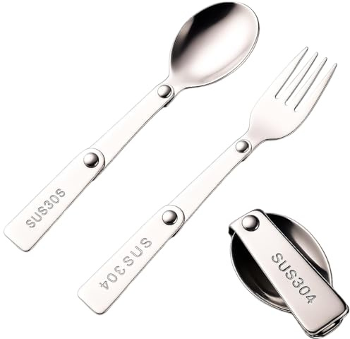 Trifletopia 2PCS Foldable Spoon & Fork Set – 304 Stainless Steel Sporks for Travel, Camping, Hiking & Outdoor Picnic, Portable (Silver)