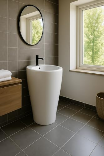 WITIT Lavabo lavandino lavello a colonna da appoggio a terra in ceramica bianco rotondo ovale (Ovale - B400)