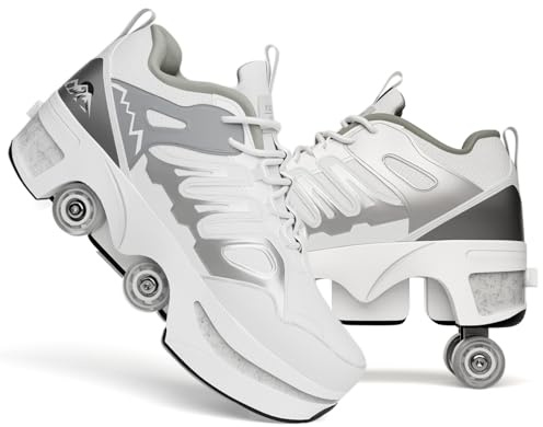 Chaussures à roulettes Escamotables 4 Roues pour Enfants - Basket Roller Garçon Fille (33-40) - Patins à roulettes Cachés, Skate Sneaker Enfant, white-33