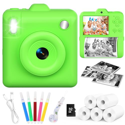 Appareil Photo Instantané Enfants - 1080P HD 2,4 Appareil Photo Enfant Selfie Caméra Vidéo avec Papier d'impression et Carte 32GB,Cadeau Jouet de Noël pour Filles et Garçons 3 à 12 Ans,Vert